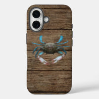 Blue Crab On Wood iPhone 16 Case