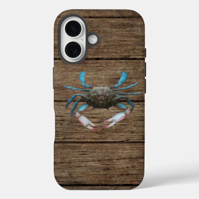 Blue Crab On Wood iPhone 16 Case (Back)
