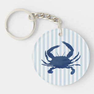 Blue Crab Painting Nautical Stripe Key Ring