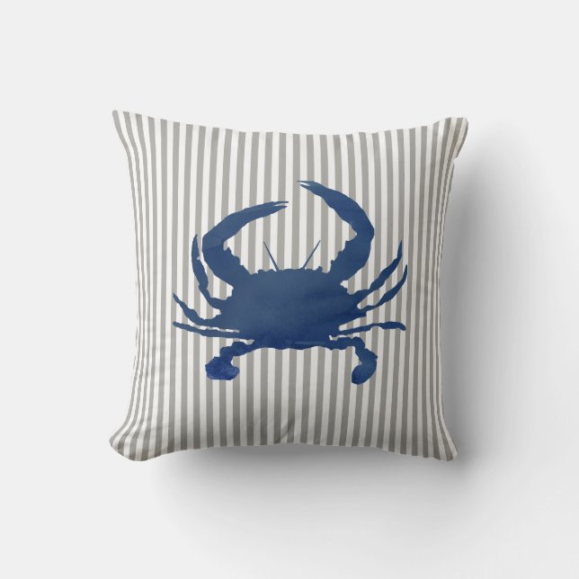 Blue Crab Painting Stripe Nautical Throw Pillow (Front)