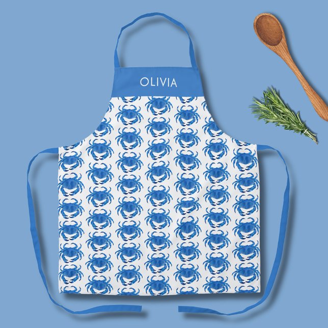 Blue Crab Pattern Name Apron (Personalized blue crab pattern kitchen apron with white background.)