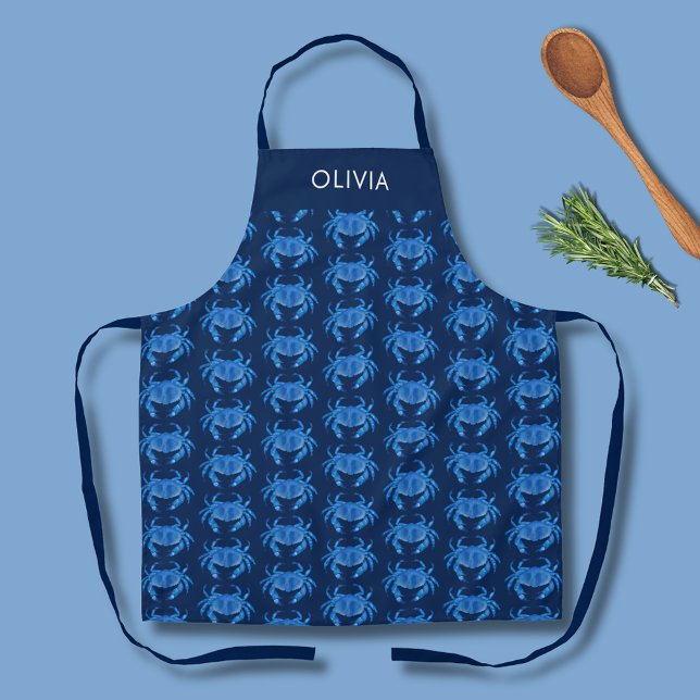 Blue Crab Pattern Name Apron (Personalized blue crab pattern kitchen apron.  )
