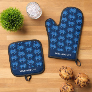 Blue Crab Pattern Oven Mitt & Pot Holder Set