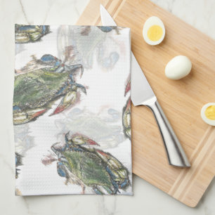 Blue Crab Pattern Tea Towel