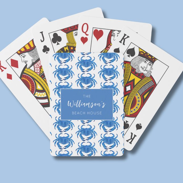 Blue Crab Patternn Family Beach House Playing Cards (blue crab personalised family name beach house playing cards)