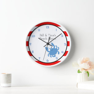 Blue Crab Red Nautical Personalised Wall Clock