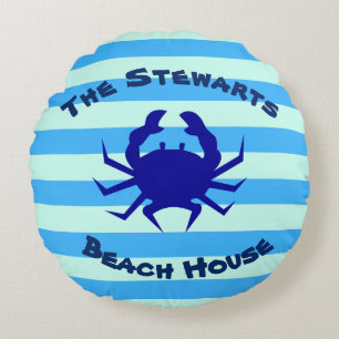Blue Crab Round Beach House Decor Cushion