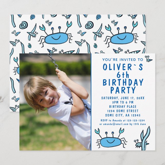 Blue Crab Sea Animals Shell Boy Photo Birthday  In Invitation (Front/Back)