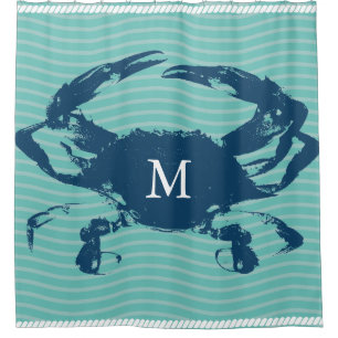 Blue Crab Sea Waves Rope Monogrammed Shower Curtain