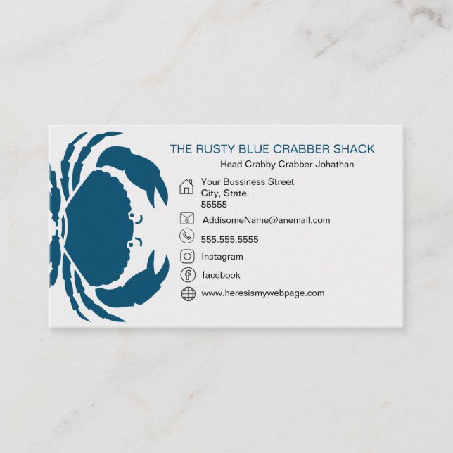 Blue Crab Seafood Black White Simple Nautical Business Card (Front)