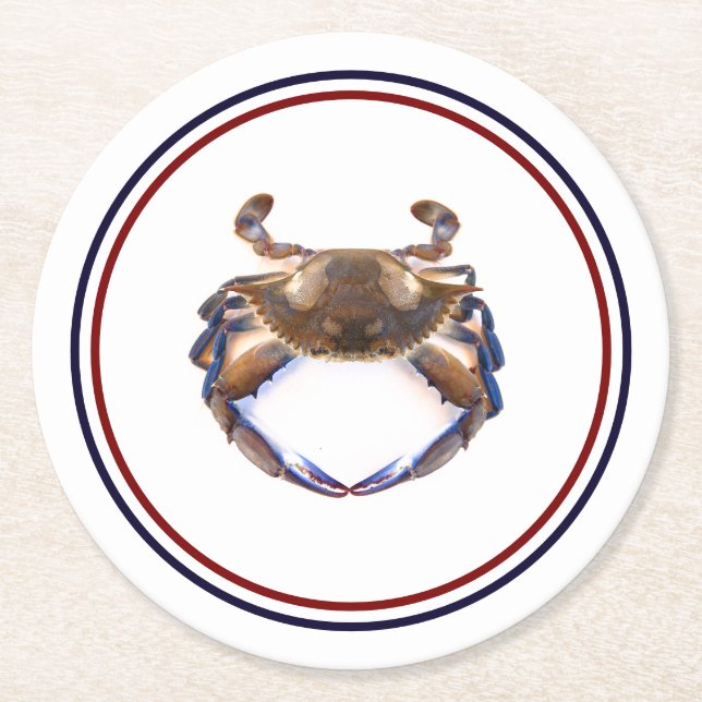 Blue Crab Seafood Nautical Round Paper Coaster (Front)
