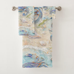 Blue Crab & Seashell Bath Towel Set