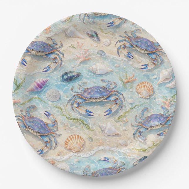 Blue Crab & Seashell Paper Plate (Front)