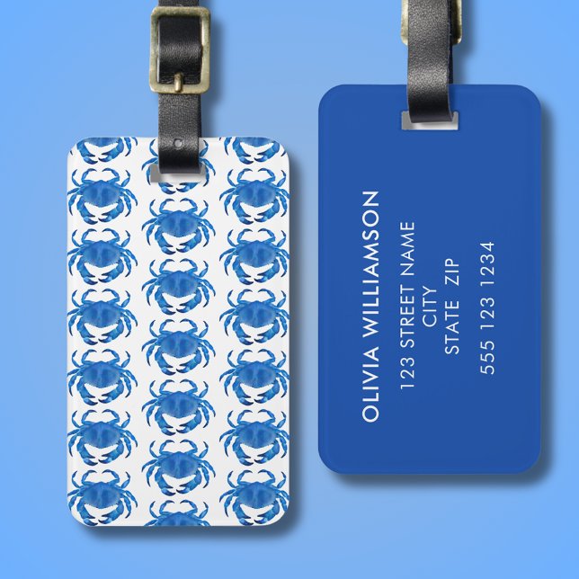Blue Crab Seaside Ocean pattern personalised Luggage Tag (Blue crab luggage tag.  From artists original illustration.  Add your own address details to rear.)