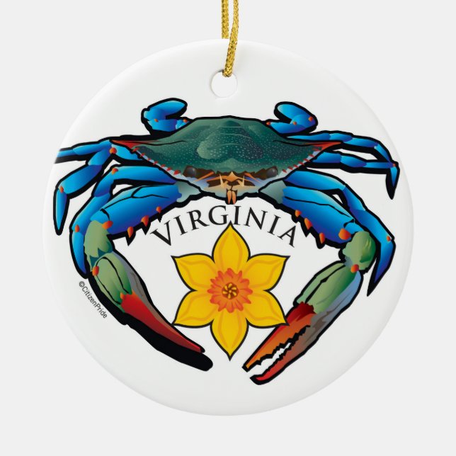 Blue Crab Virginia Daffodil Crest Ceramic Tree Decoration (Front)
