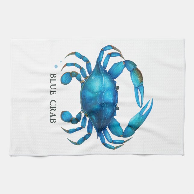 Blue Crab Watercolor Art - Coastal Sea Life  Tea Towel (Horizontal)