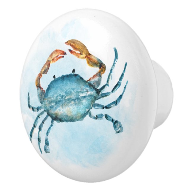 Blue Crab Watercolor Beach Ceramic Knob (Right)
