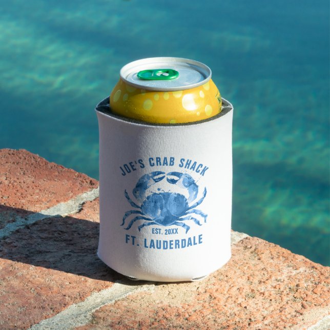 Blue Crab Watercolors Illustration Custom Text Can Cooler (In Situ Pool)