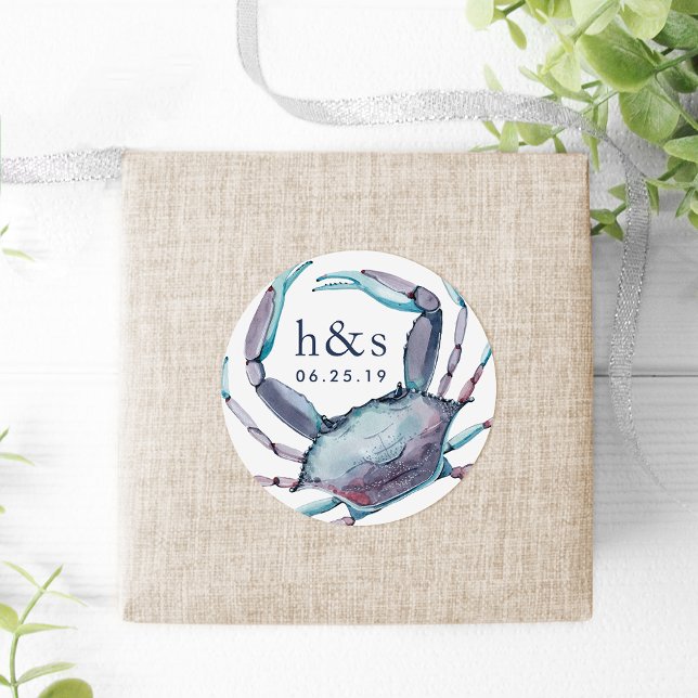 Blue Crab Wedding Monogram Classic Round Sticker (Creator Uploaded)