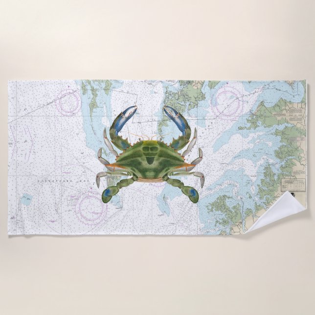 Blue Crab with Chesapeake Bay Nautical Chart Beach Towel (Front)