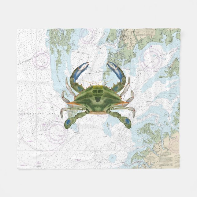 Blue Crab with Chesapeake Bay Nautical Chart Fleece Blanket (Front (Horizontal))