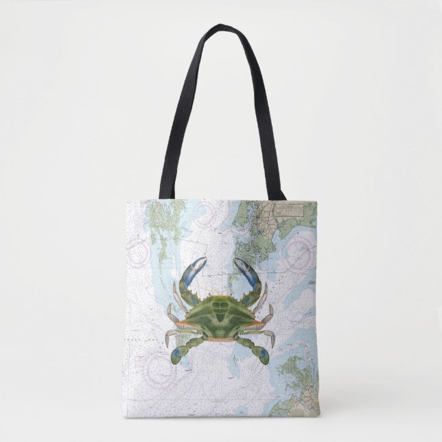 Blue Crab with Chesapeake Bay Nautical Chart Tote Bag (Front)