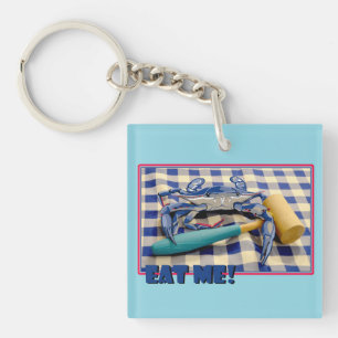 Blue Crab with mallet on gingham table cloth sayin Key Ring