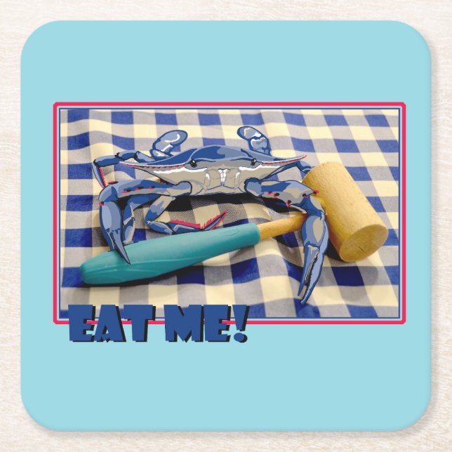 Blue Crab with mallet on gingham table cloth sayin Square Paper Coaster (Front)