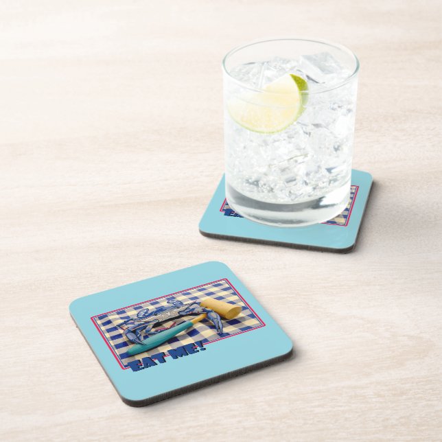 Blue Crab with mallet on gingham tablecloth Eat Me Coaster (Right Side)