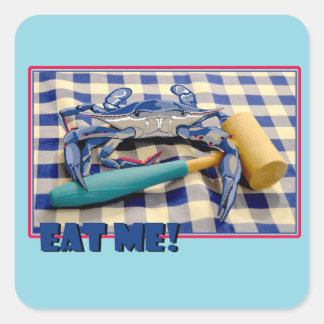 Blue Crab with mallet on gingham tablecloth Eat Me Square Sticker