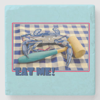 Blue Crab with mallet on gingham tablecloth Eat Me Stone Coaster