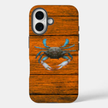 Blue Crab Wood Grain iPhone 16 Case