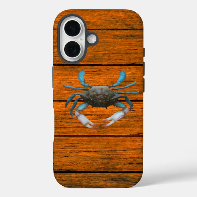 Blue Crab Wood Grain iPhone 16 Case (Back)