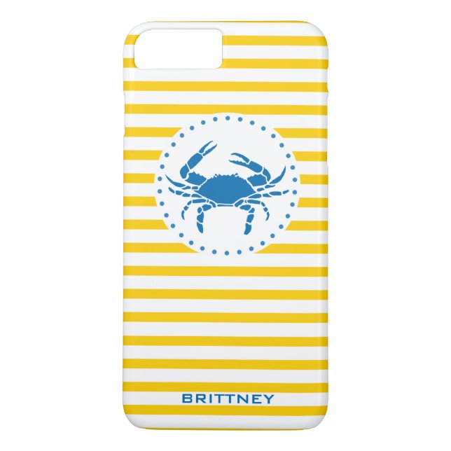 Blue Crab Yellow Striped Monogrammed Case-Mate iPhone Case (Back)