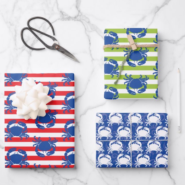 Blue Crabs Stripes  Wrapping Paper Sheet (Front)