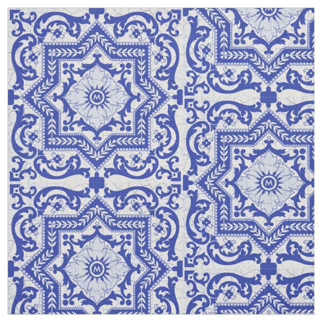Blue Cracked Ceramic Style Azulejo Vintage Fabric (Swatch)