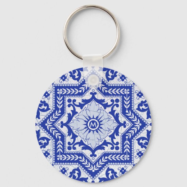 Blue Cracked Ceramic Style Azulejo Vintage Key Ring (Front)