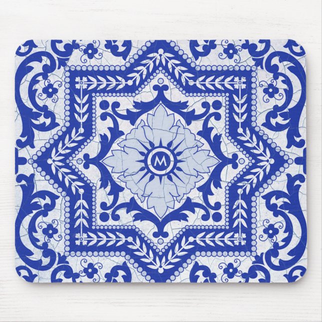 Blue Cracked Ceramic Style Azulejo Vintage Mouse Mat (Front)