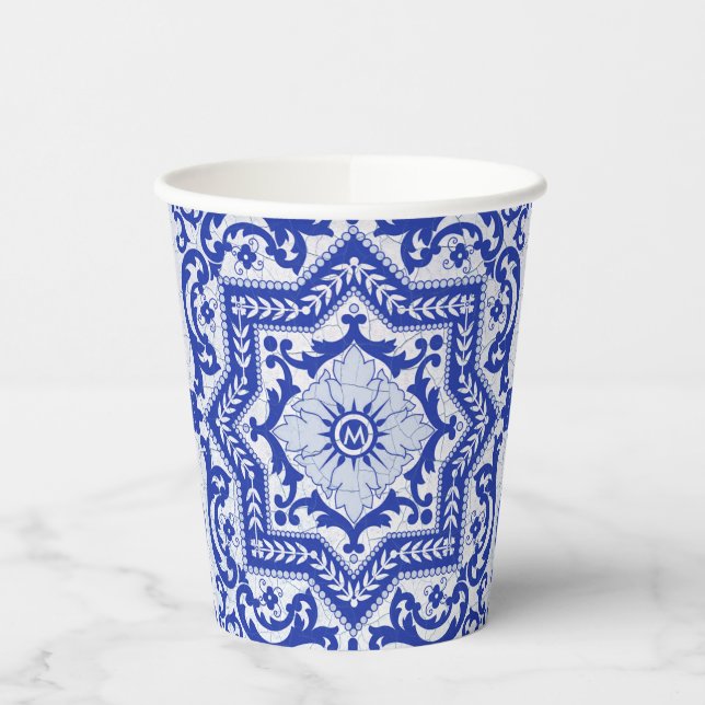 Blue Cracked Ceramic Style Azulejo Vintage Paper Cups (Left)