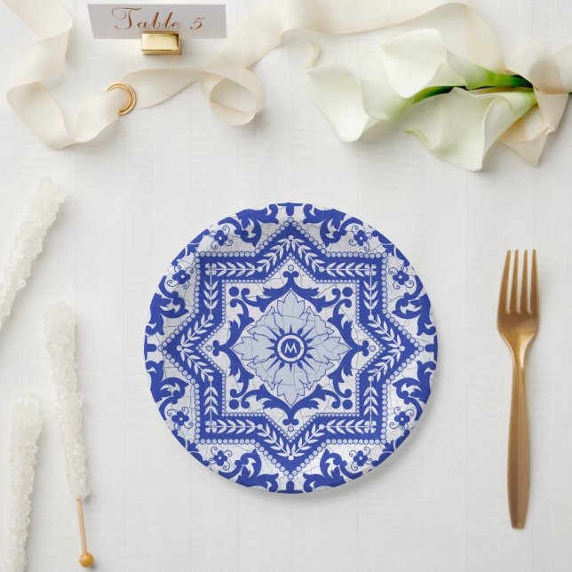 Blue Cracked Ceramic Style Azulejo Vintage Paper Plate (Wedding)