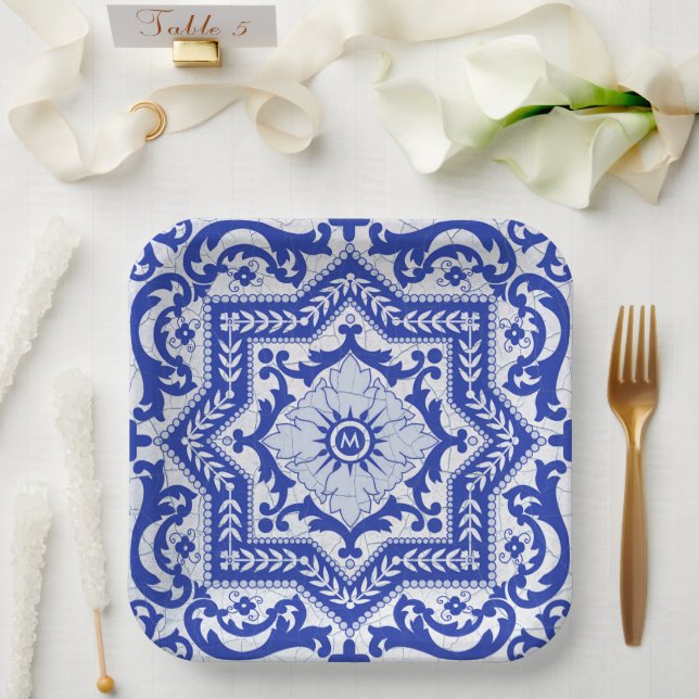 Blue Cracked Ceramic Style Azulejo Vintage Paper Plate (Wedding)