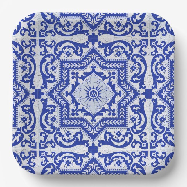 Blue Cracked Ceramic Style Azulejo Vintage Paper Plate (Front)