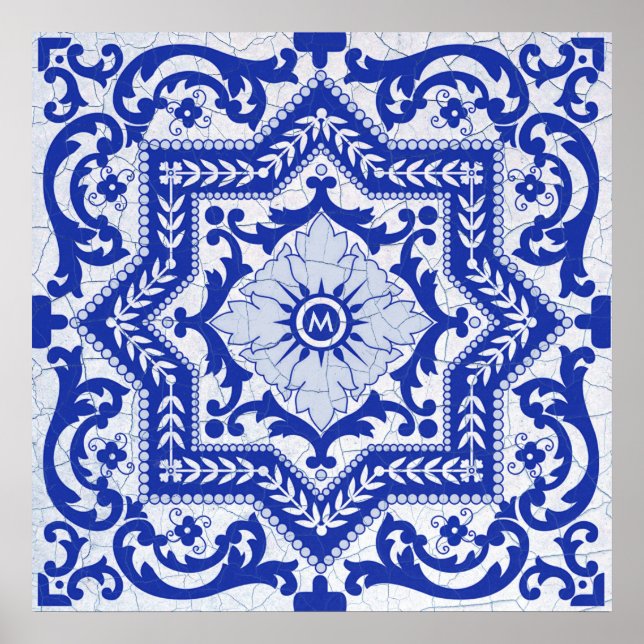 Blue Cracked Ceramic Style Azulejo Vintage Poster (Front)