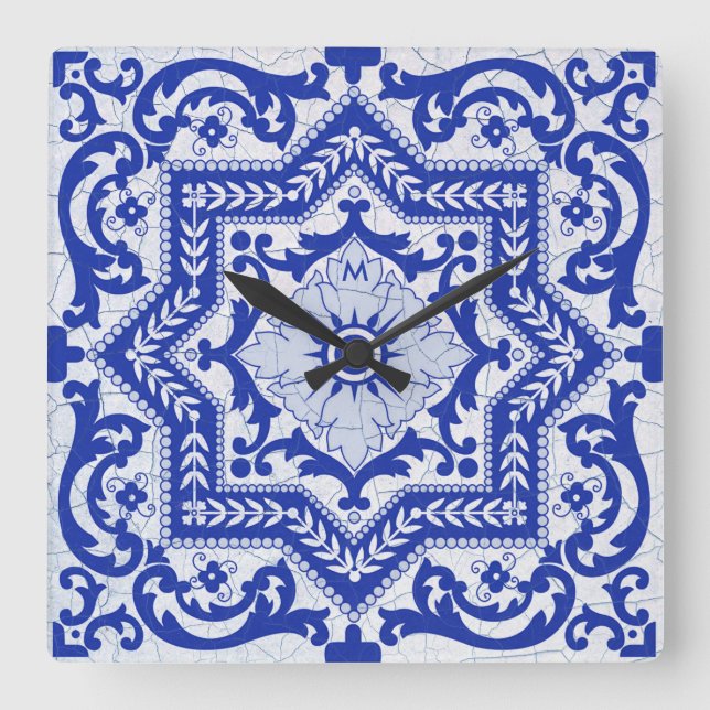 Blue Cracked Ceramic Style Azulejo Vintage Square Wall Clock (Front)