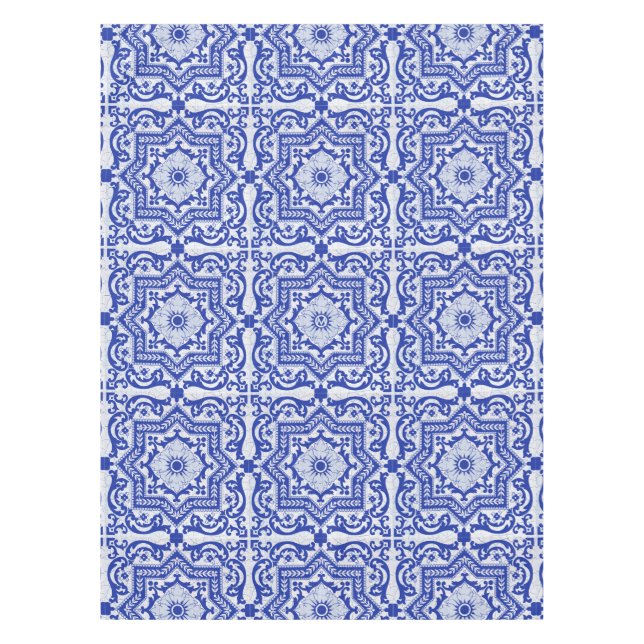 Blue Cracked Ceramic Style Azulejo Vintage Tablecloth (Front)