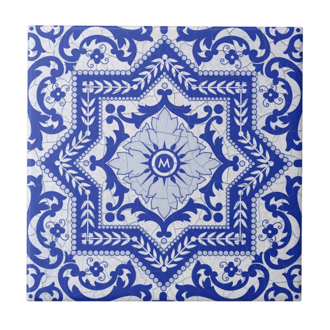 Blue Cracked Ceramic Style Azulejo Vintage Tile (Front)