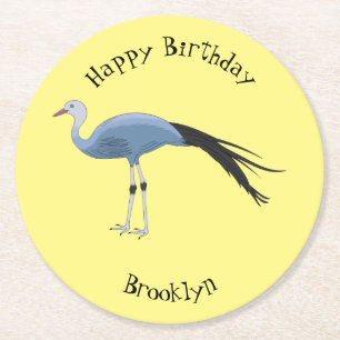 Blue crane bird cartoon illustration  round paper coaster