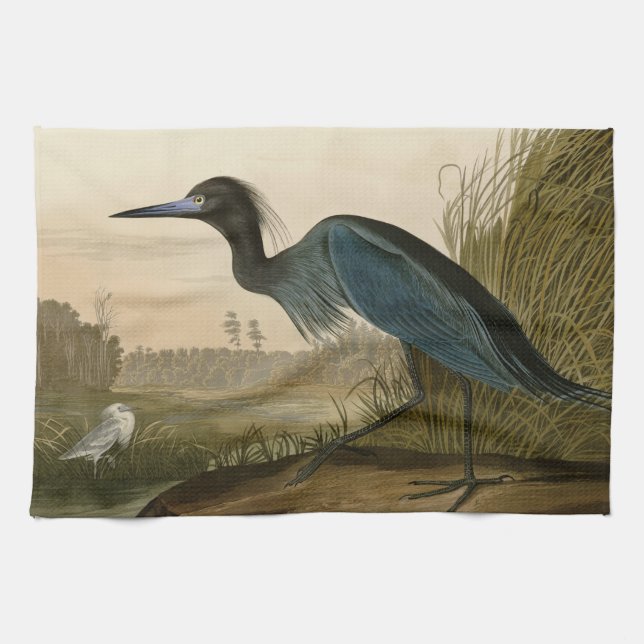 Blue Crane Heron Audubon Painting Tea Towel (Horizontal)