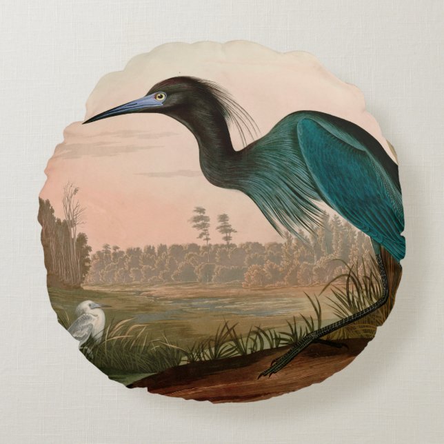 Blue Crane or Heron Birds of America Audubon Print Round Cushion (Front)