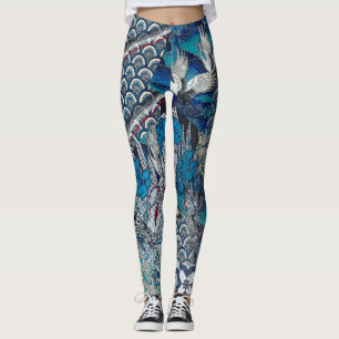 Blue Cranes Flying Over Flowers Leggings